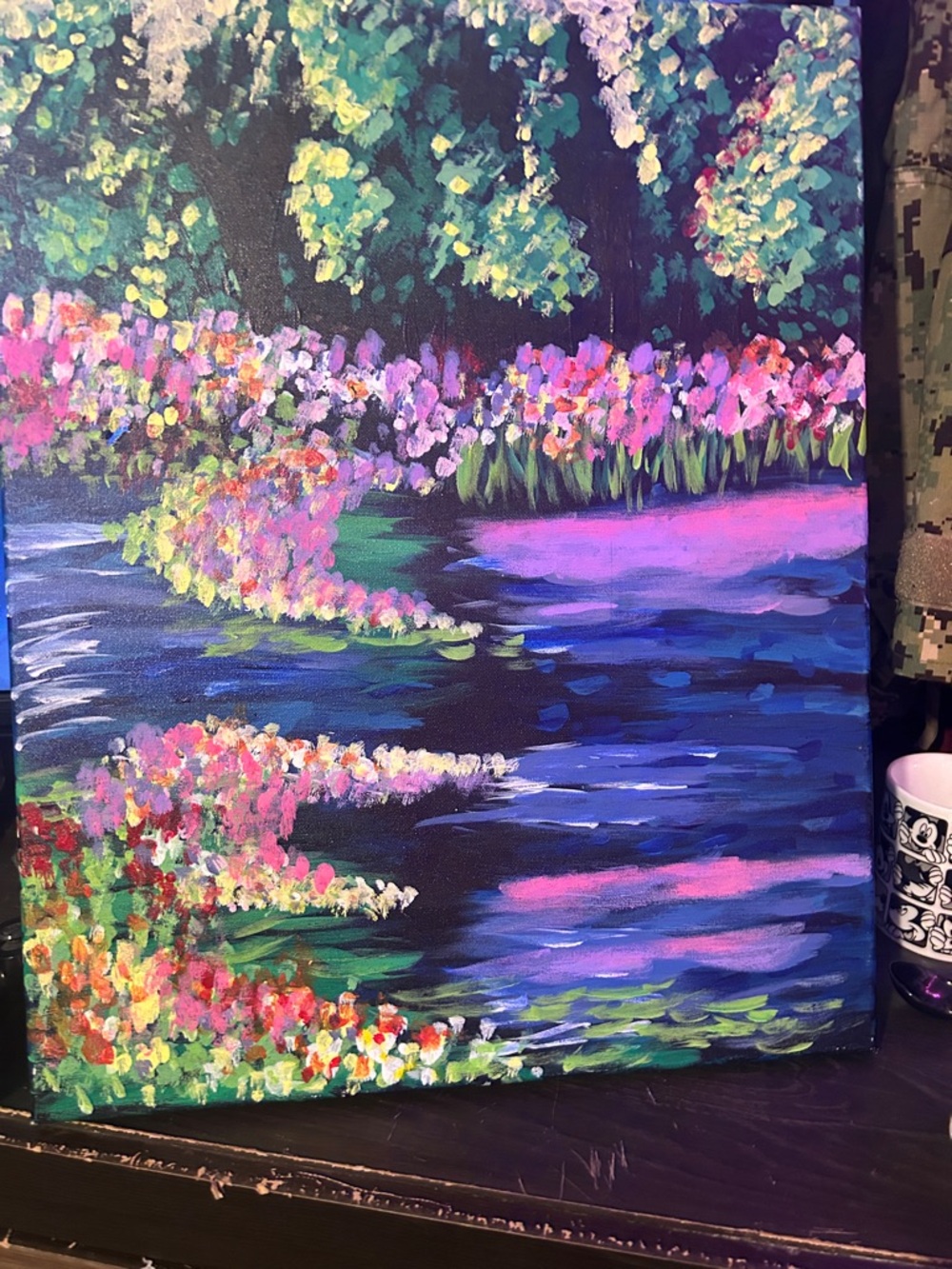 Vibrant Floral Waterscape Canvas Painting in Pink & Blue